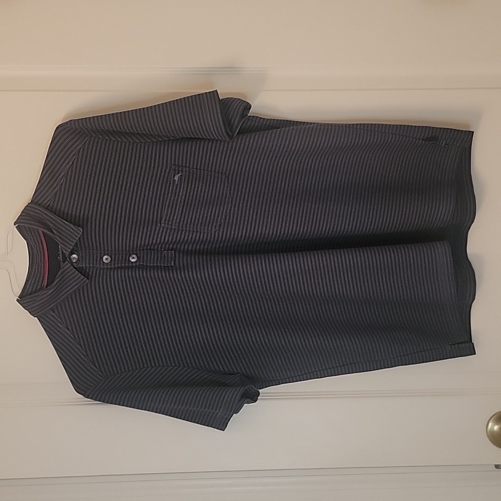 Tommy Bahama, Size M, Gray on Blue Striped Polo Shirt, EUC.